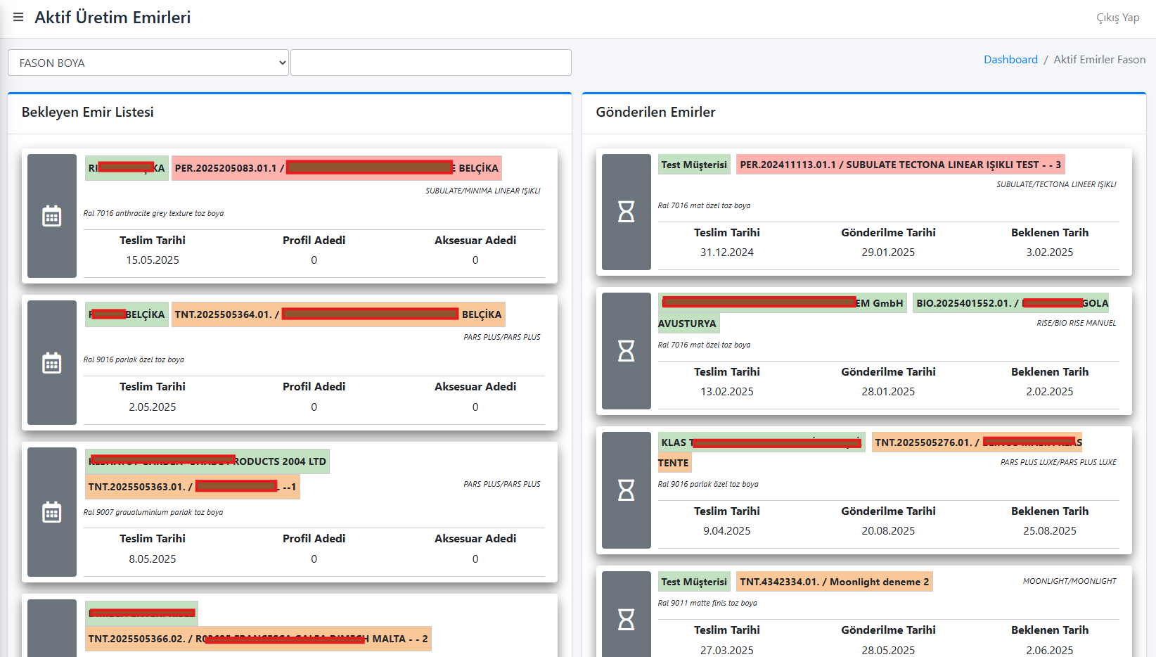 Aktif üretim emirleri ekranı
